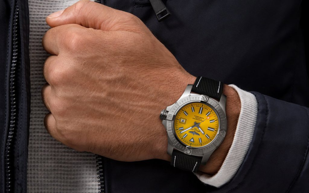 The 45 mm fake watch has yellow dial.